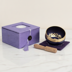 Brass and black singing bowl with striker, purple cushion and lilac box - view 2