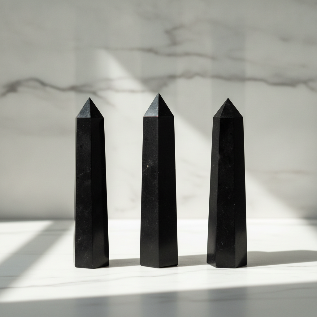 Black tourmaline six face obelisk on a marble table with a marble wall behind