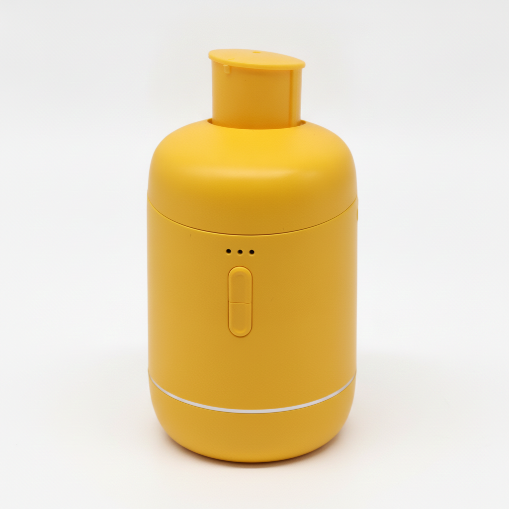 Yellow waterless diffuser with the oil bottle fitted on top, ready to use