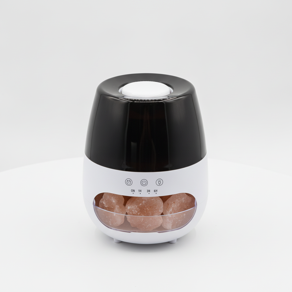 Black and white salt stone diffuser, pink Himalayan salt visible through the front window