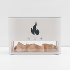 White flame effect diffuser front view, Himalayan salt chunks in the glass chamber, flame and control icons on top