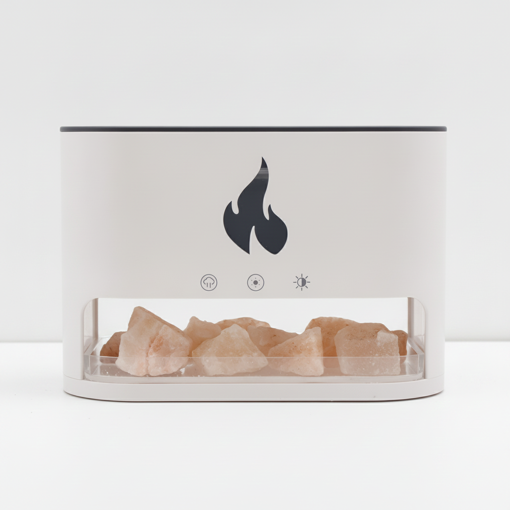 White flame effect diffuser front view, Himalayan salt chunks in the glass chamber, flame and control icons on top