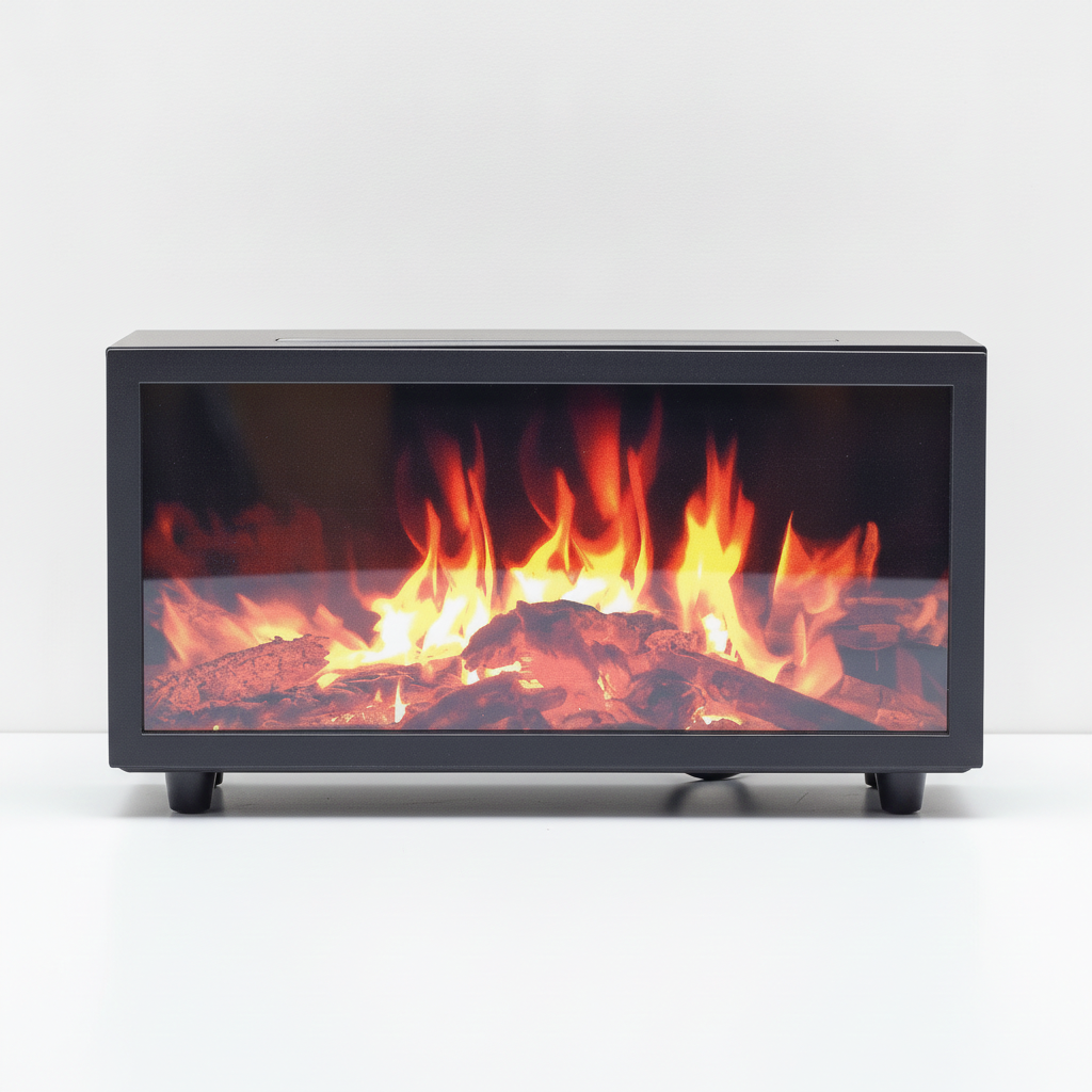 Black flame effect diffuser from the front, log fire effect lit across the screen