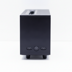 Black flame effect diffuser from the side, showing the three control buttons