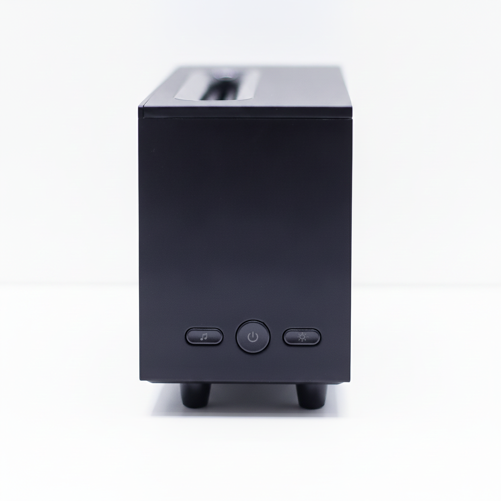 Black flame effect diffuser from the side, showing the three control buttons