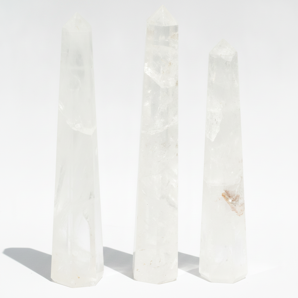 Tall six-sided clear quartz obelisk point - view 6
