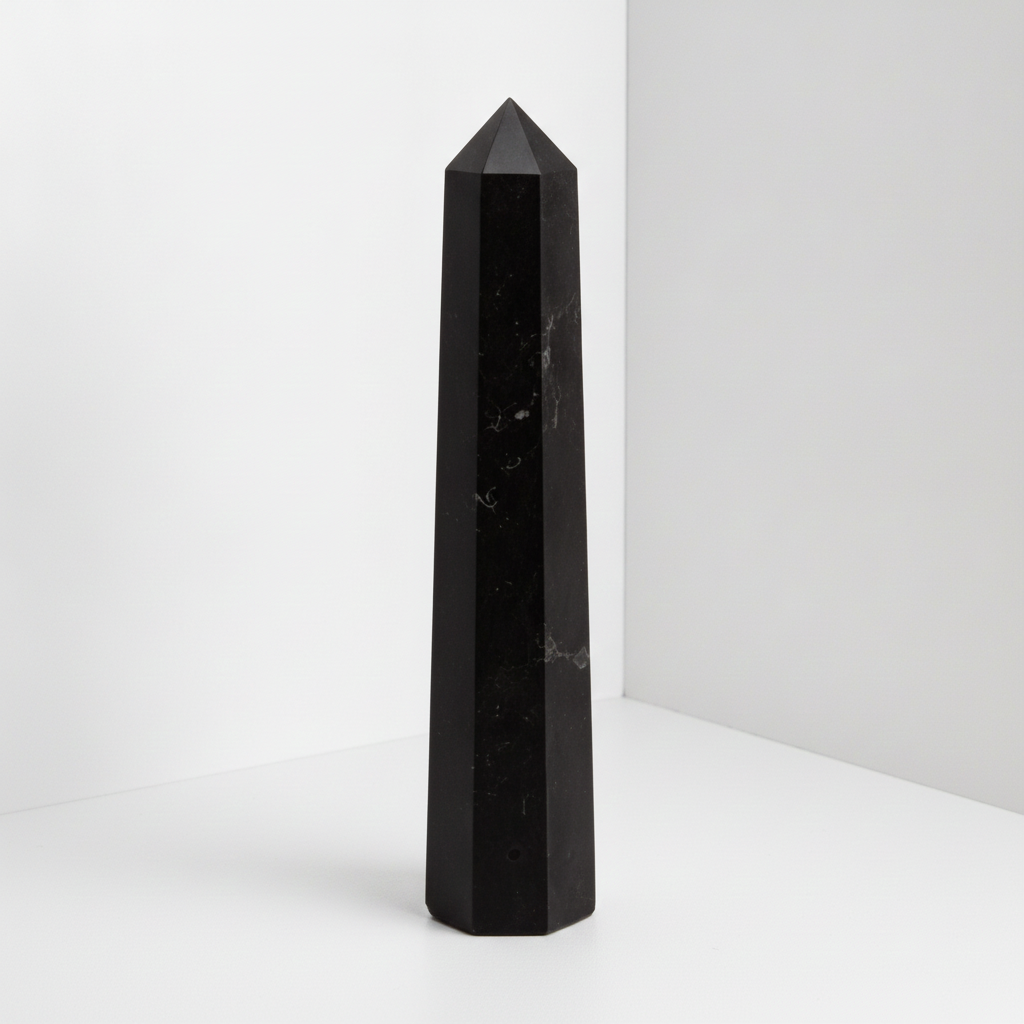 Black tourmaline six face obelisk standing upright, polished faces catching the light