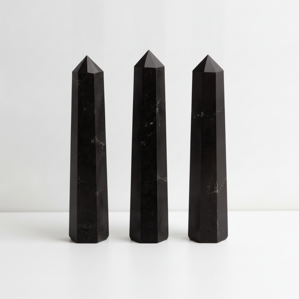 Three black tourmaline obelisks side by side, showing the variation from piece to piece