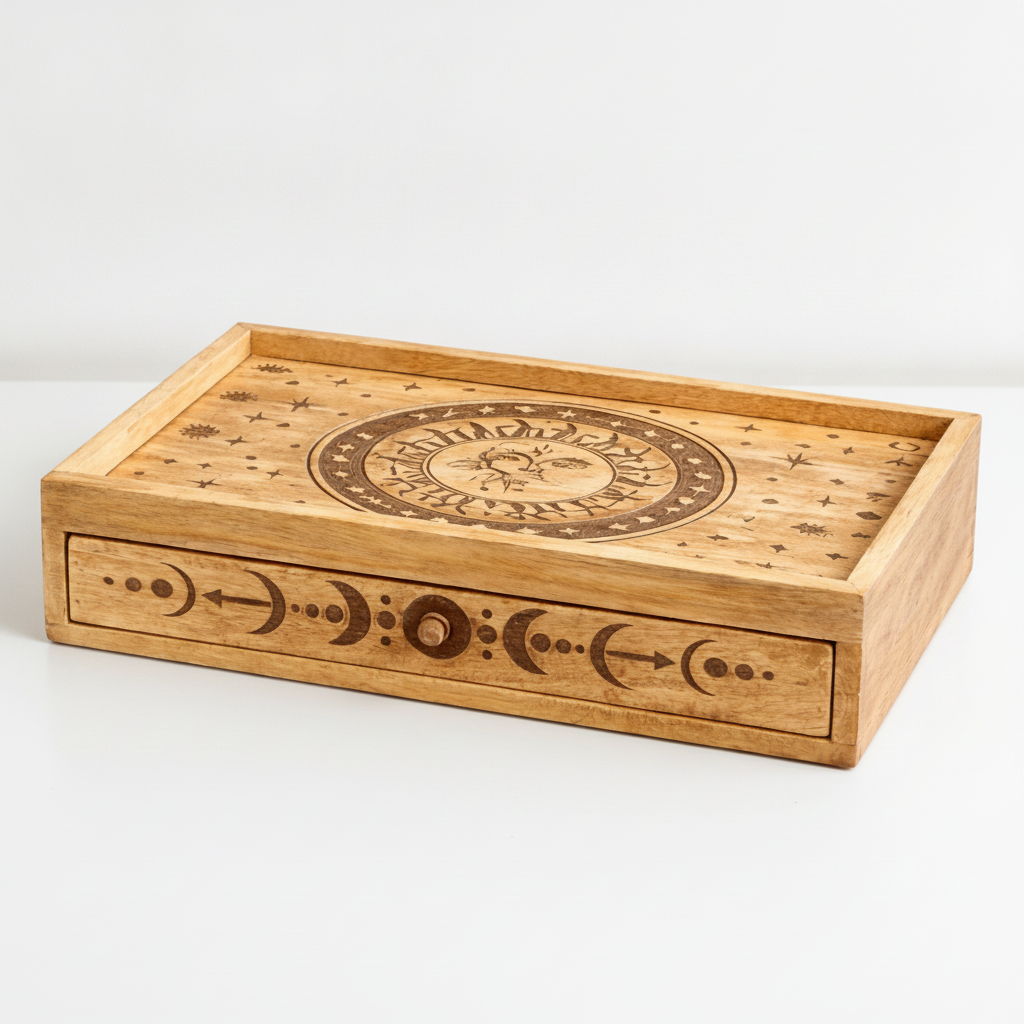 Sun and moon carved mango wood tarot box from above, moon phases carved along the drawer