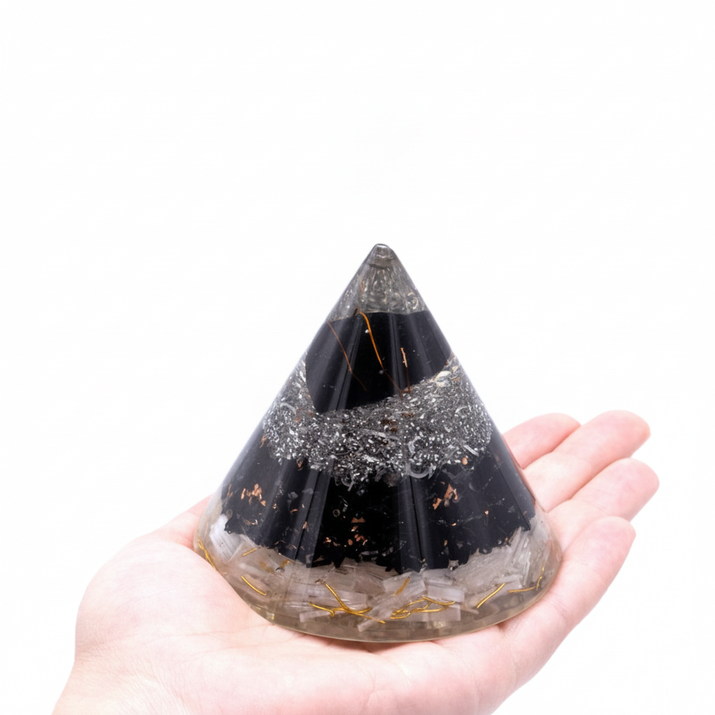 Orgonite Cone - Selenite and Black Tourmaline Copper - 90 mm - view 2