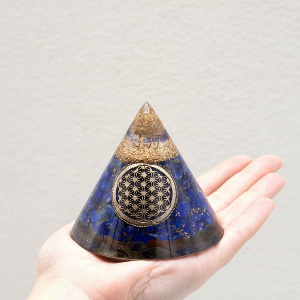 Orgonite Cone - Lapis Flower of Life - Suspended Quartz - 90 mm