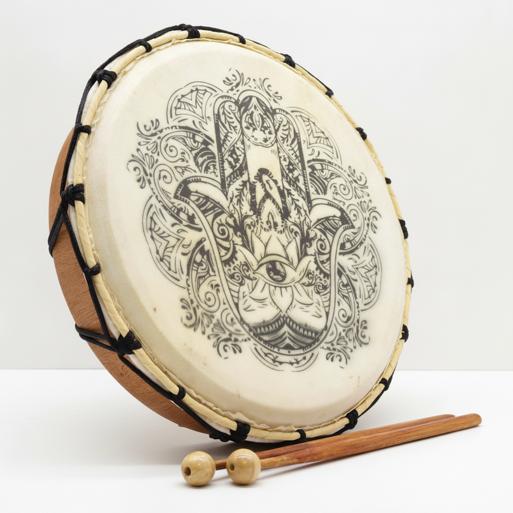 Hamsa shamanic frame drum standing on its edge, the Hamsa hand drawn on the skin, two beaters in front