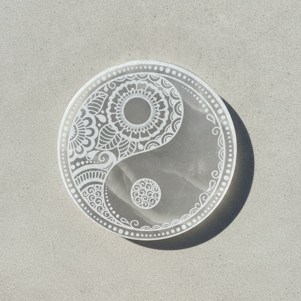 Large round selenite charging plate engraved with a feng shui compass