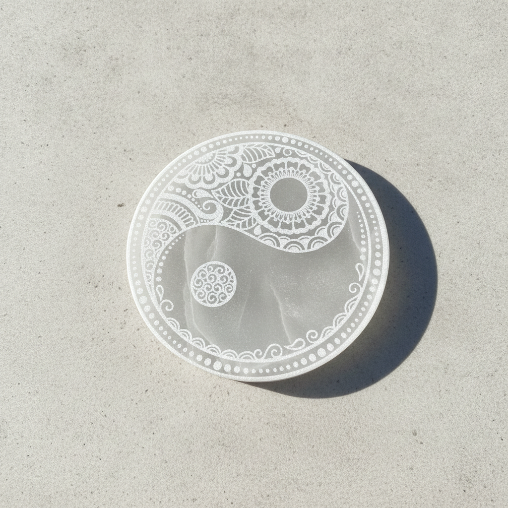 Large round selenite charging plate engraved with a feng shui compass - view 4