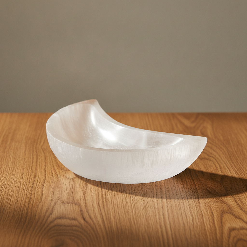 Crescent moon dish carved from white Moroccan selenite - view 3