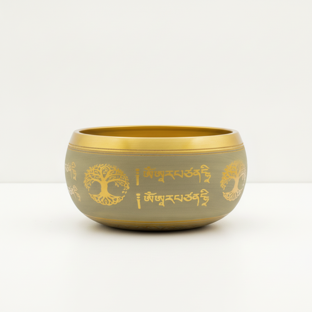 Side of the aluminium singing bowl, engraved with a Tree of Life and Tibetan script