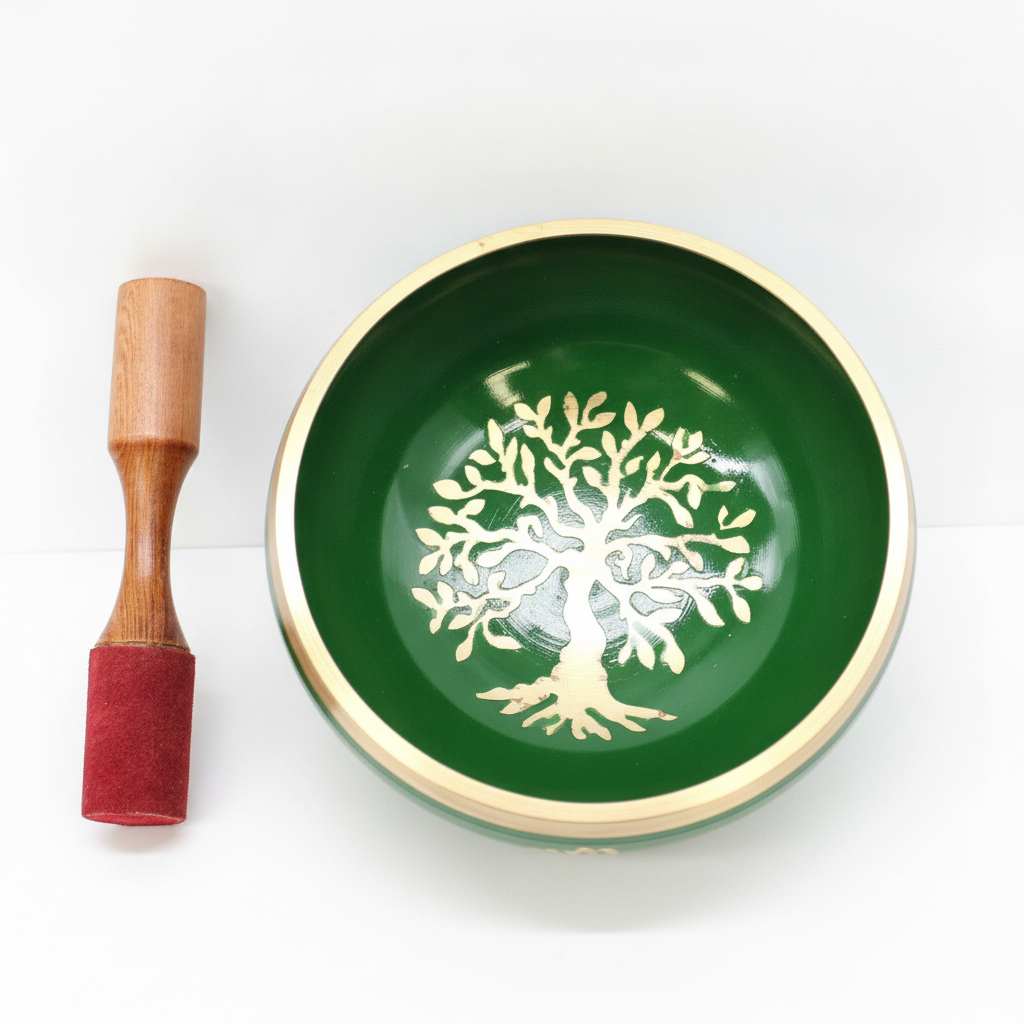 Green singing bowl from above, gold Tree of Life inside the bowl, red-tipped wooden striker beside it