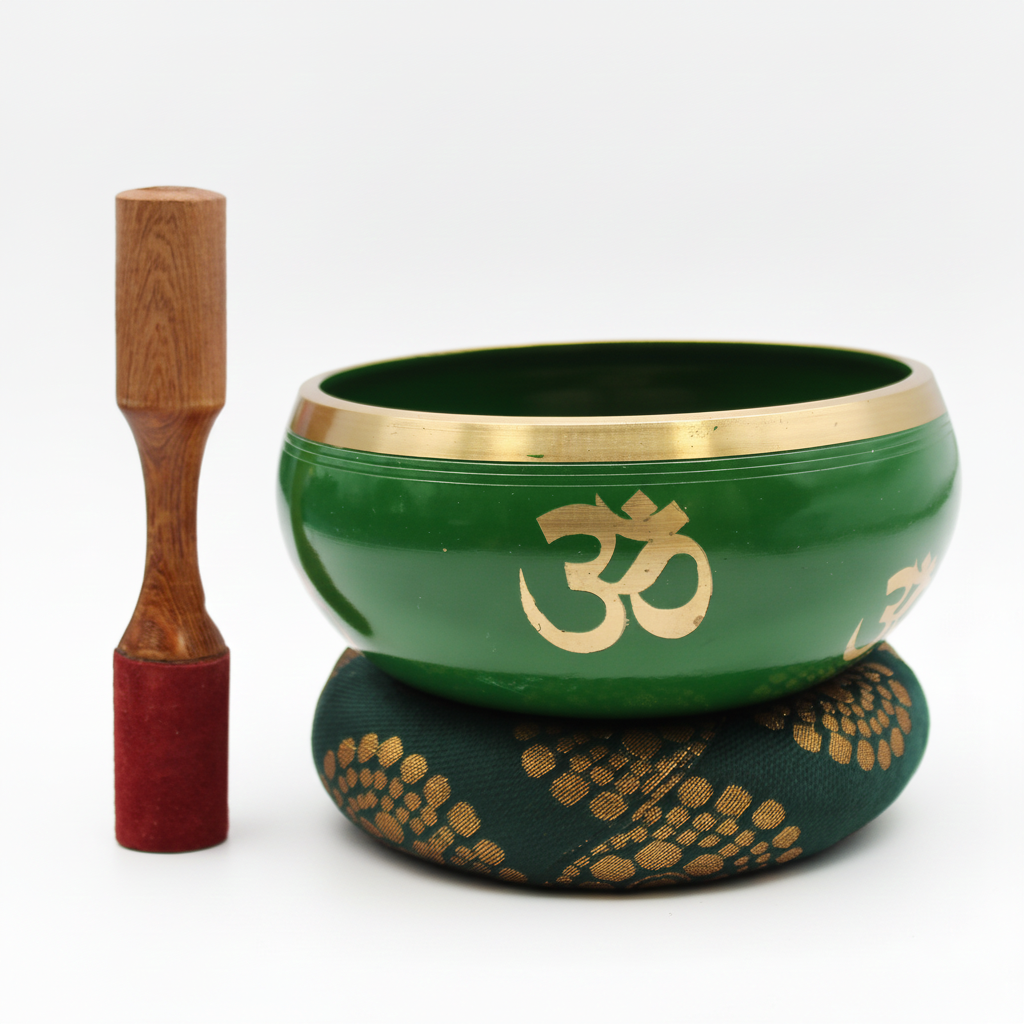 Green singing bowl with a gold Om on the side, on its patterned cushion with striker