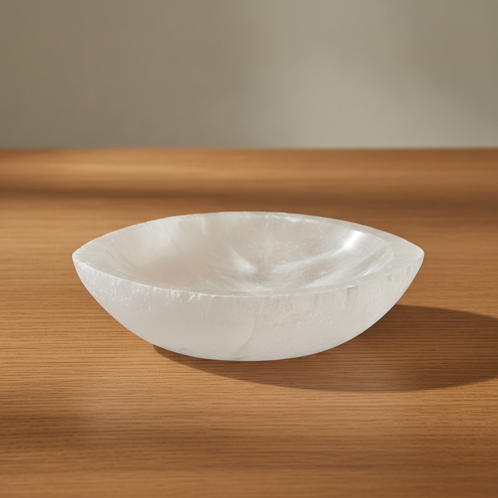 Pointed oval selenite bowl, polished inside with a raw white rim - view 3