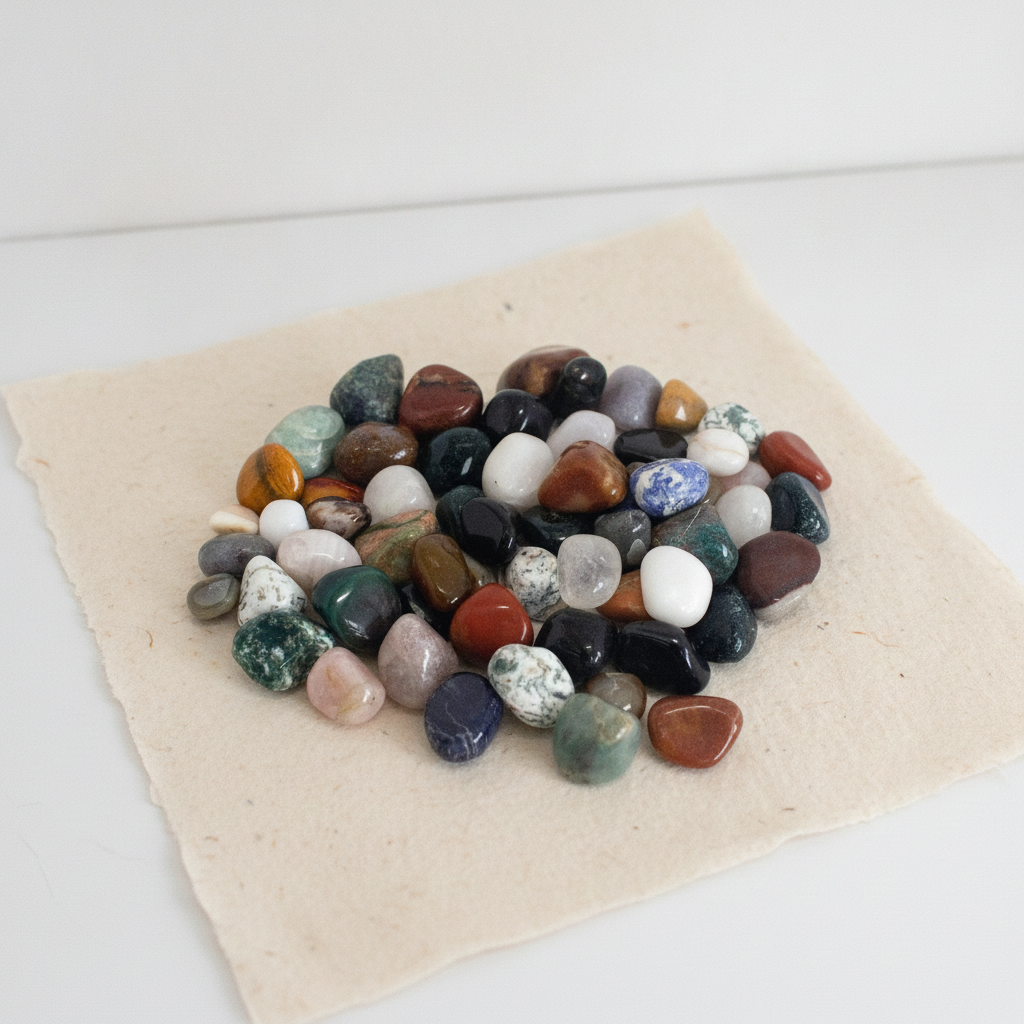 A pile of mixed tumbled gemstones in greens, reds and creams on cotton-rag paper - view 7