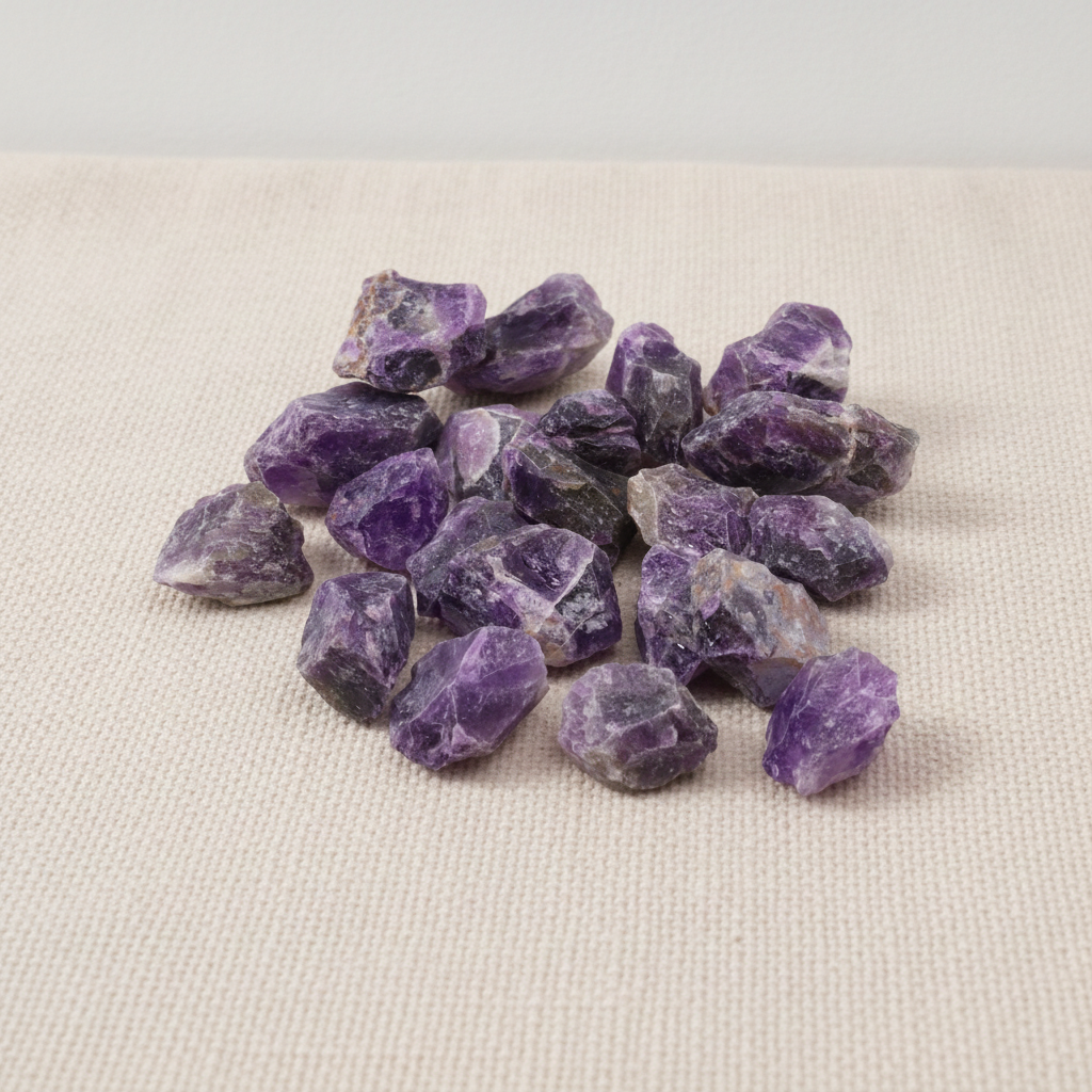 A spread of rough amethyst chunks in deep purple on cotton canvas - view 3
