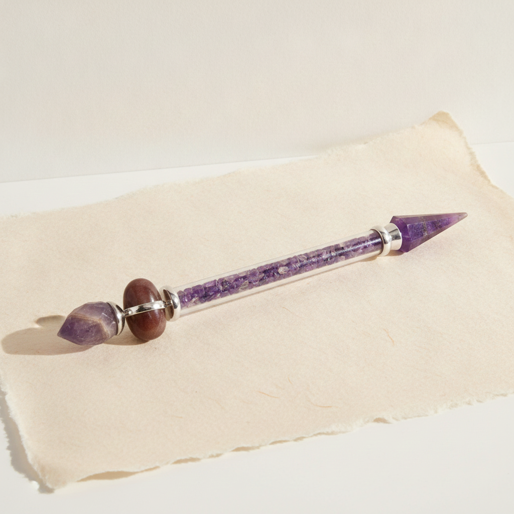 Amethyst shiva lingam wand with silver collars, lying on cotton-rag paper - view 3