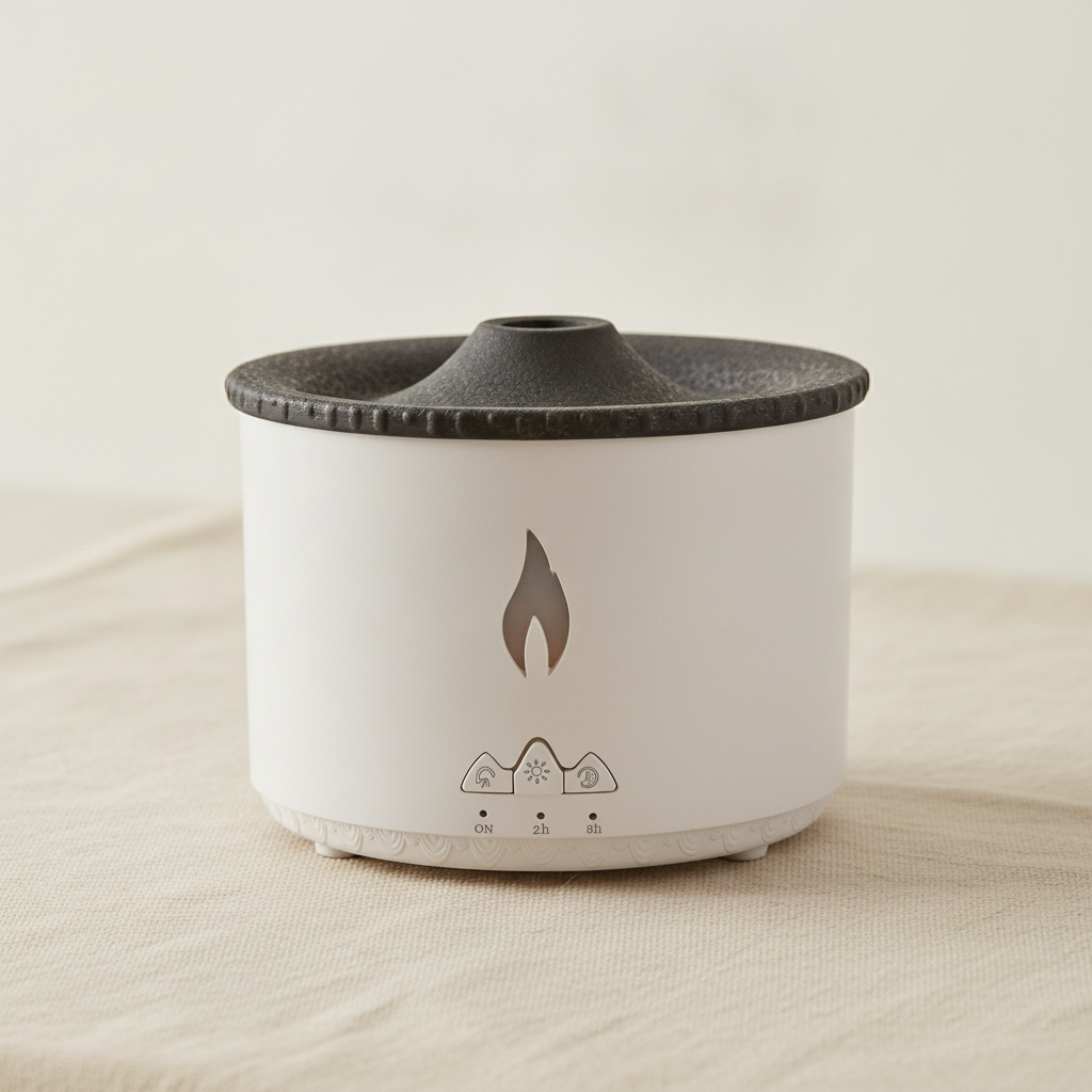 White volcano flame aroma diffuser with a textured dark lid, on cotton canvas - view 5