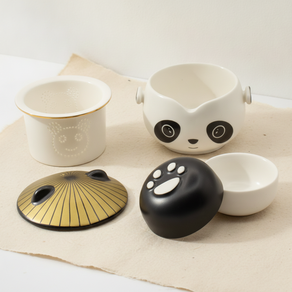 Panda-faced ceramic teapot with two cups and a golden hat lid, on cotton canvas - view 8