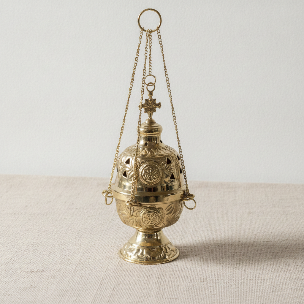 Ornate brass hanging incense burner standing on its footed base, chains beside it - view 5