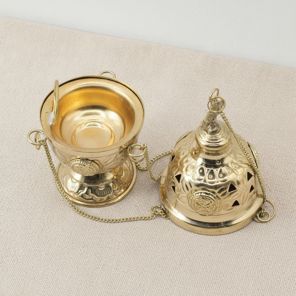 Ornate brass hanging incense burner standing on its footed base, chains beside it - view 6