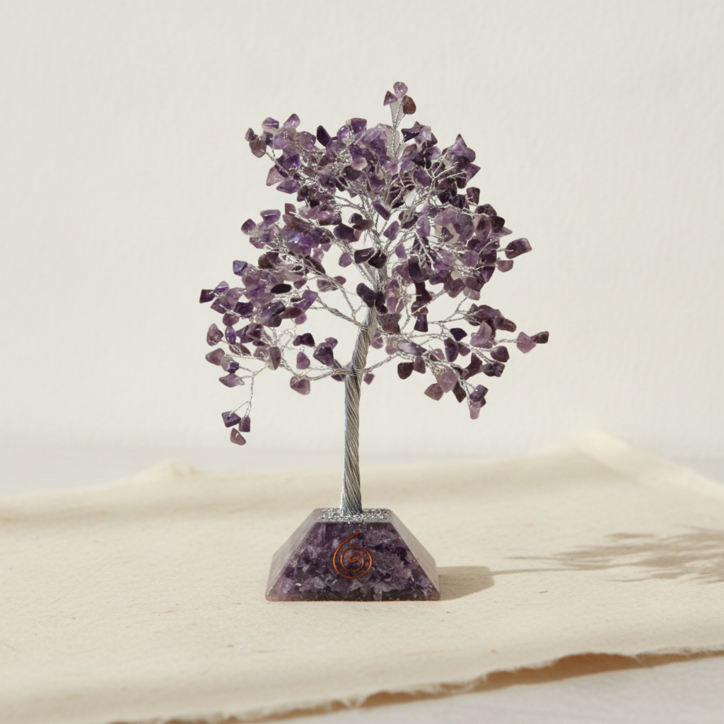 Amethyst chipstone tree on a purple orgonite base, on cotton-rag paper - view 5