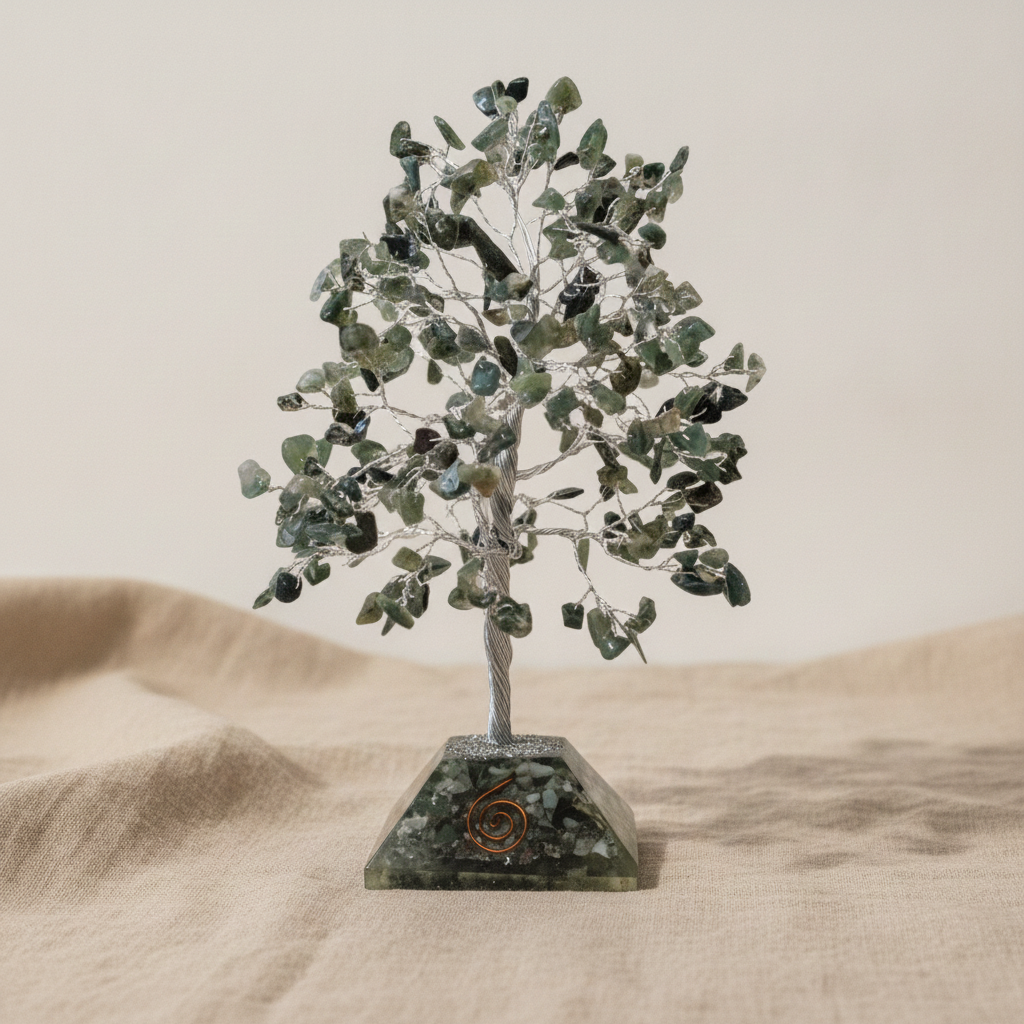 Moss agate chipstone tree on a speckled orgonite base, on rumpled linen - view 6