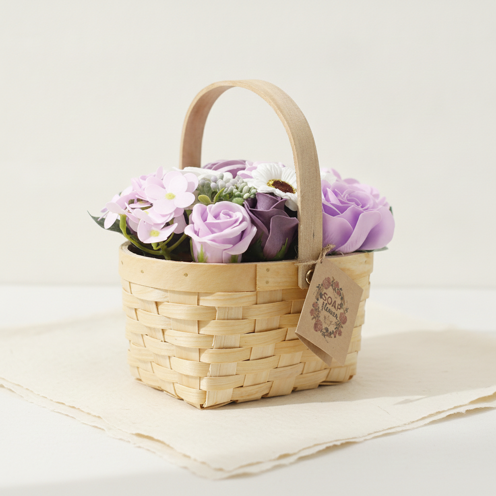Lilac and purple soap roses in a woven wicker basket with a tag, on cotton-rag paper - view 3