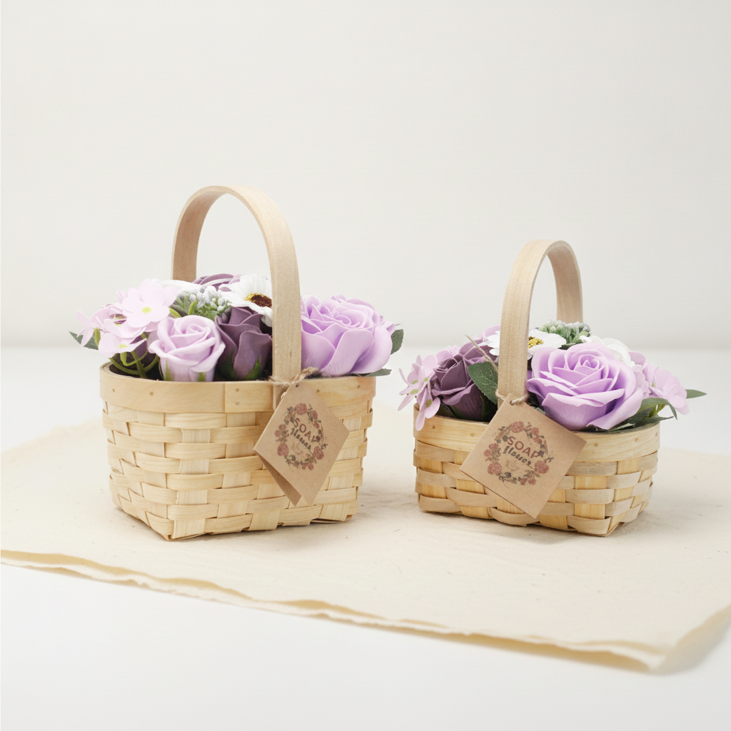 Lilac and purple soap roses in a woven wicker basket with a tag, on cotton-rag paper - view 4
