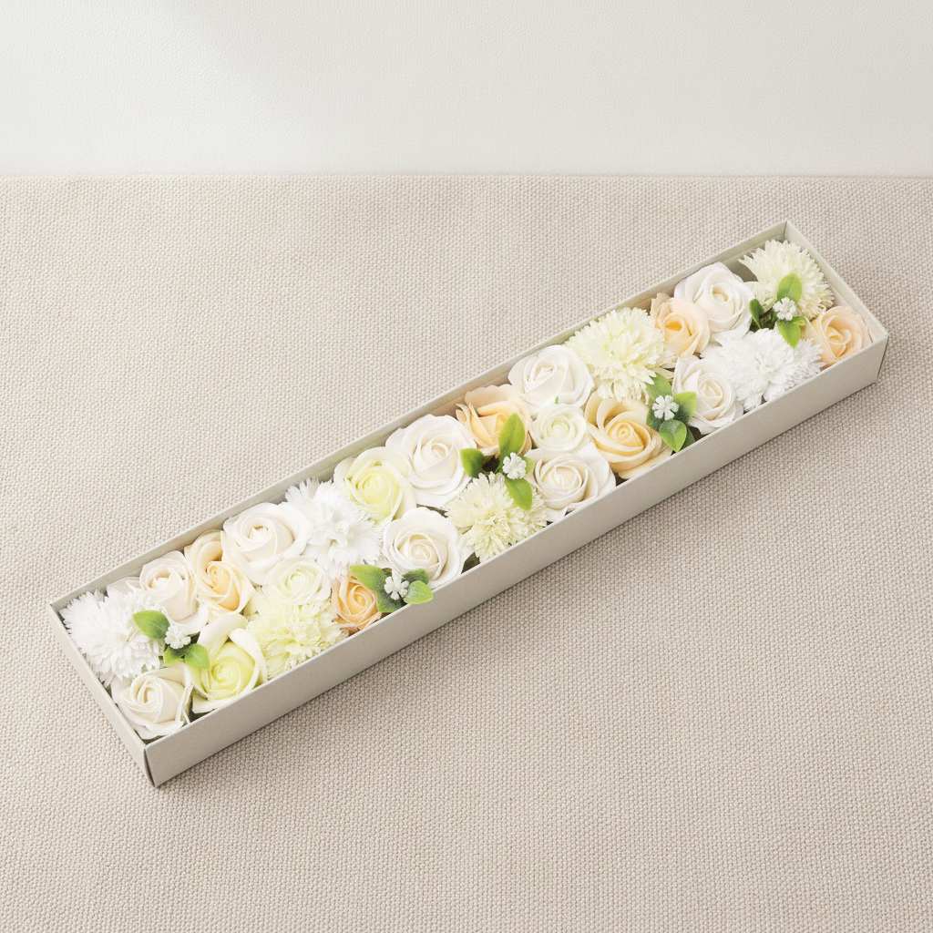 Long box of white and ivory soap roses lying open on cotton canvas - view 7