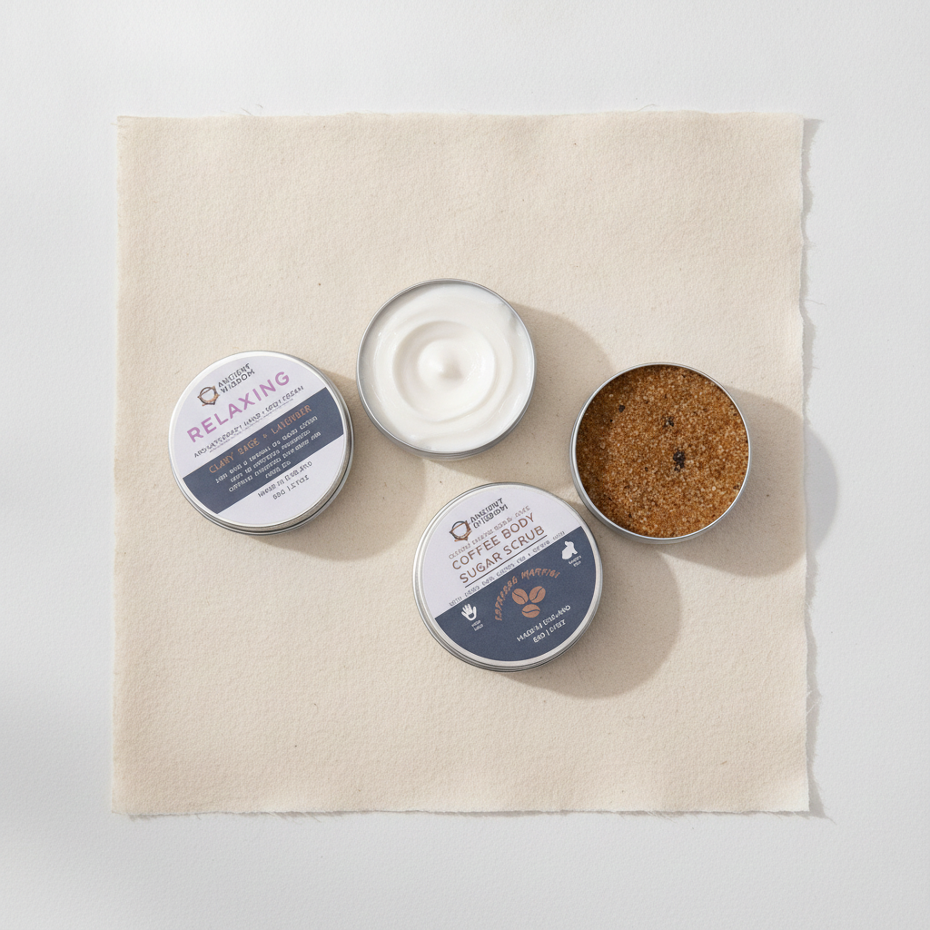 Kraft self-care kit box open flat, showing scrub tins, serum bottle and bath salt tubes - view 5