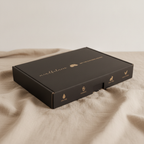 Dark self-care kit box lying flat and closed on rumpled linen - view 4