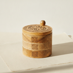 Carved wooden Celtic box with its three tiers fanned open, on cotton-rag paper - view 3