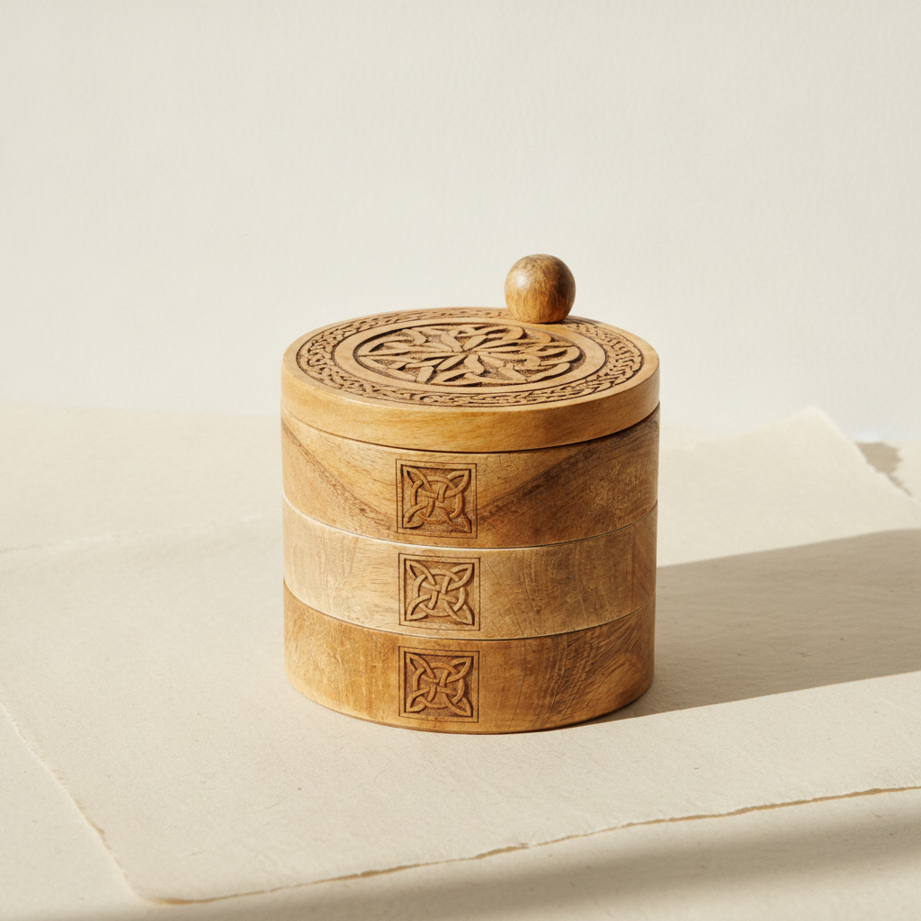 Carved wooden Celtic box with its three tiers fanned open, on cotton-rag paper - view 3