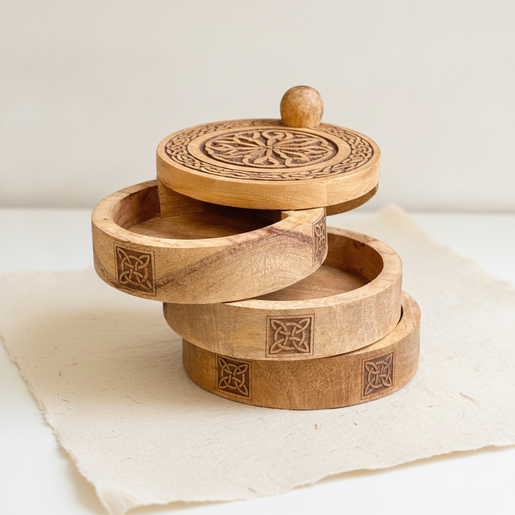 Carved wooden Celtic box with its three tiers fanned open, on cotton-rag paper - view 6