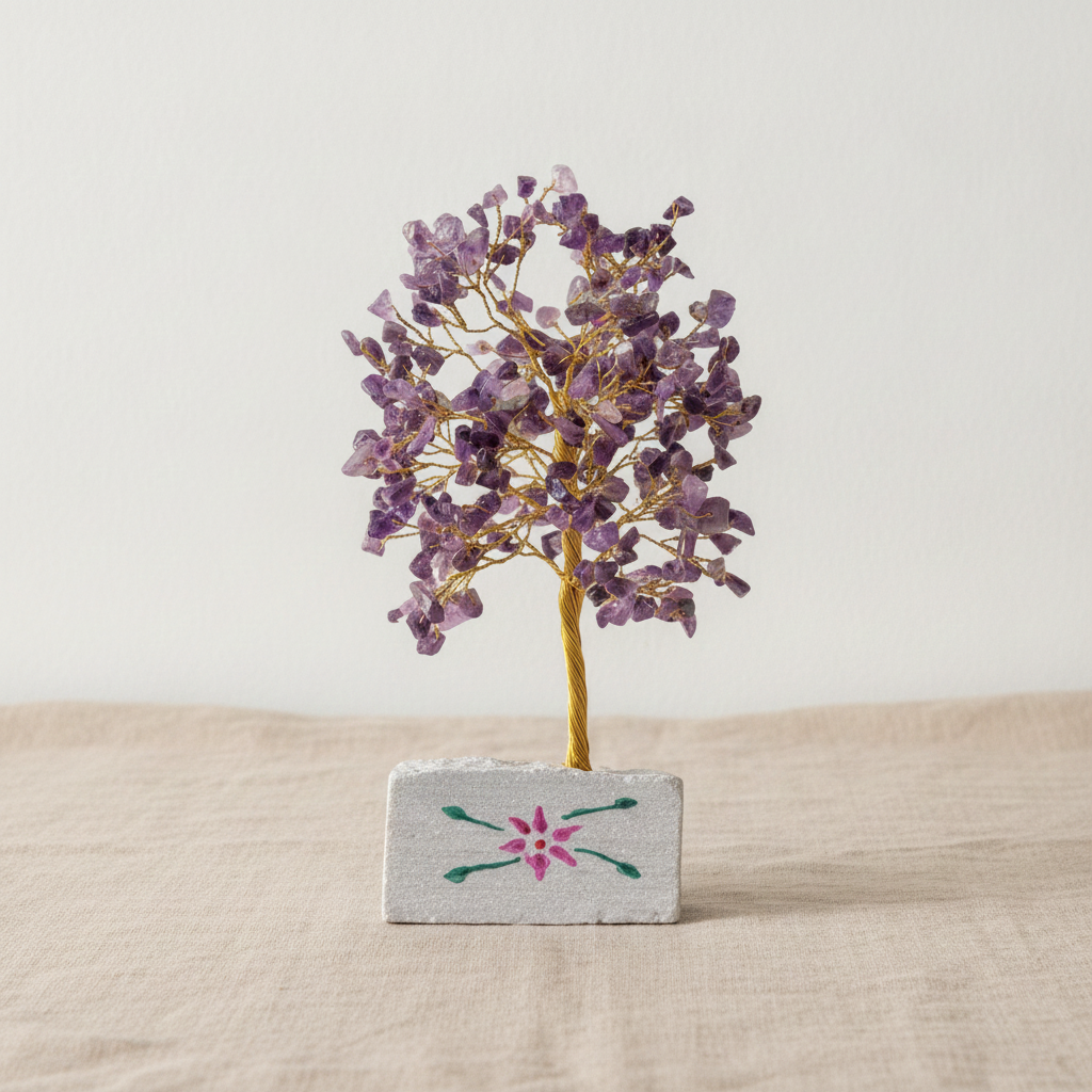 Small amethyst chipstone tree on a hand-painted stone base, on rumpled linen - view 5