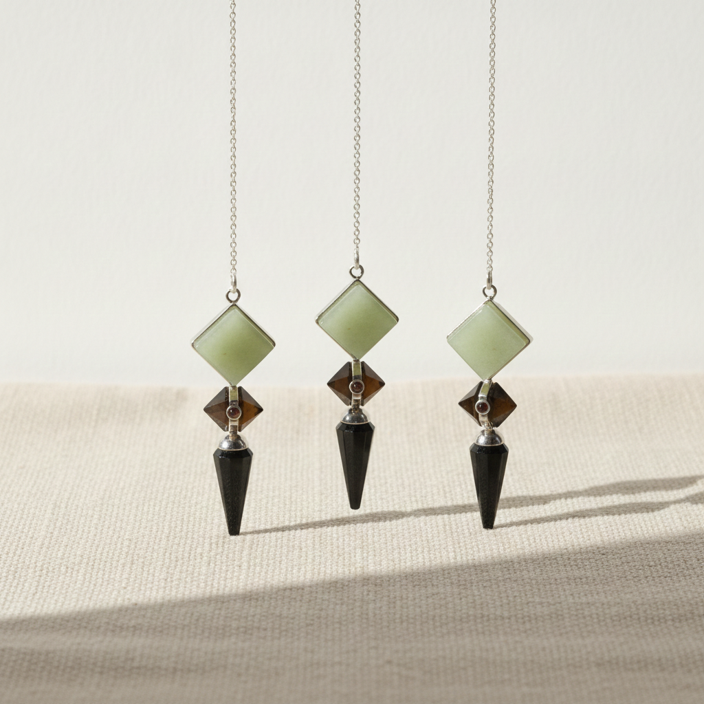 Three pendulums in green aventurine, tiger eye and black agate hanging side by side - view 3