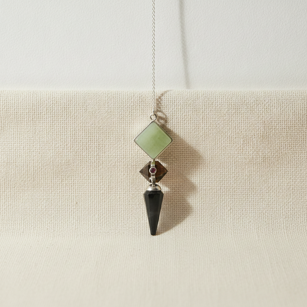 Three pendulums in green aventurine, tiger eye and black agate hanging side by side - view 4