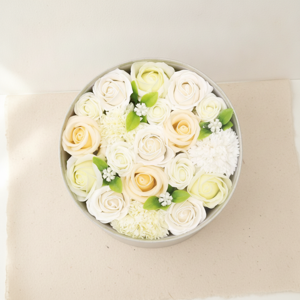 Round box packed with white and ivory soap roses, seen from above on cotton-rag paper - view 7