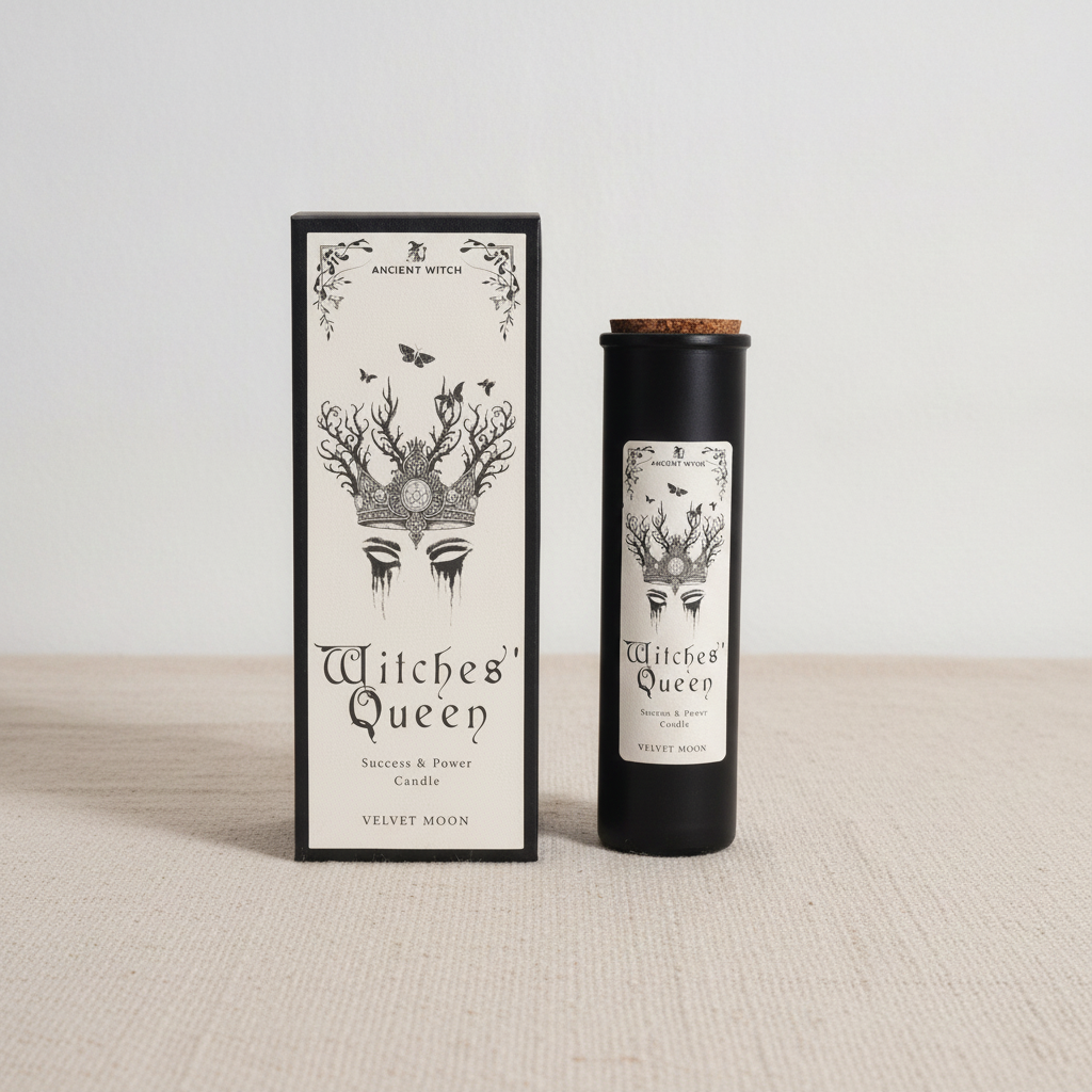 Black Witches' Queen candle tube beside its illustrated box, on cotton canvas - view 4