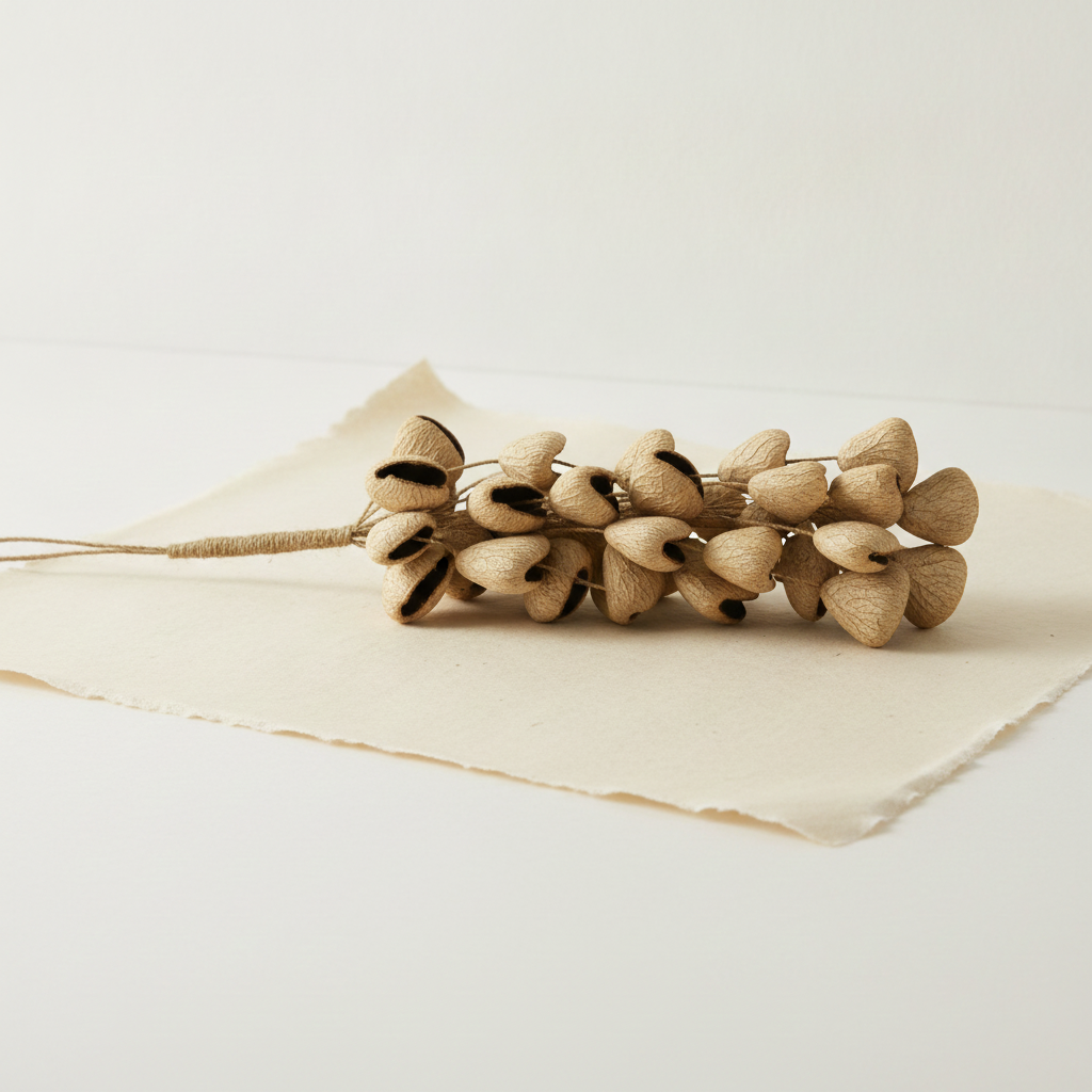 Strand of pangi seed shells hanging vertically from its cord against a pale wall - view 6