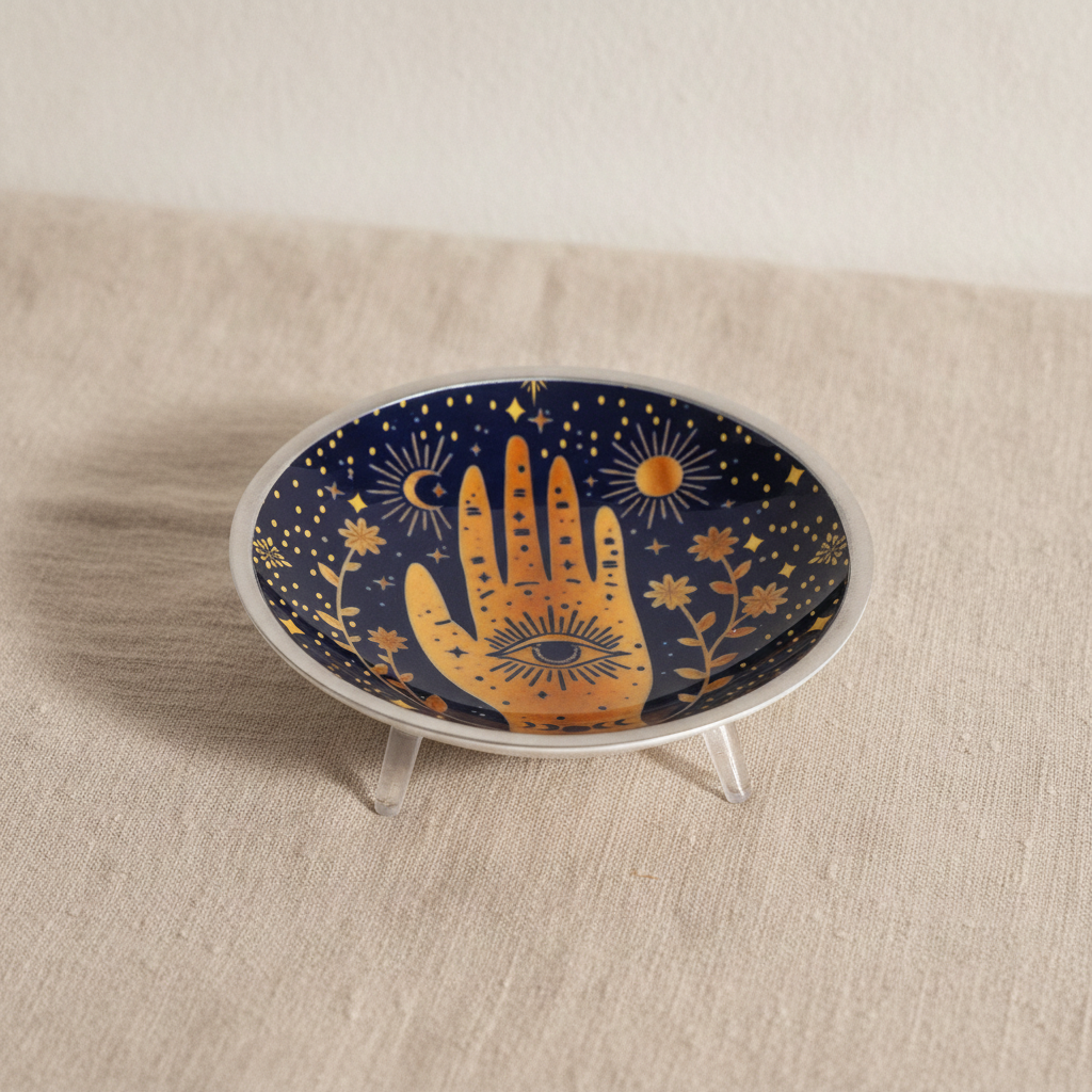 Midnight blue enamelled dish with a golden hamsa hand, standing on three legs - view 3