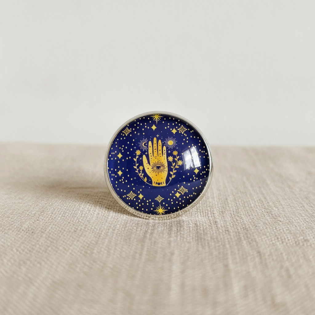 Midnight blue enamelled dish with a golden hamsa hand, standing on three legs - view 4
