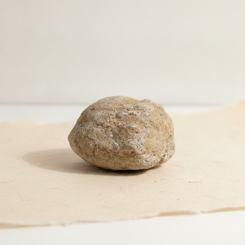 A rough unopened calcite geode resting on cotton-rag paper - view 3
