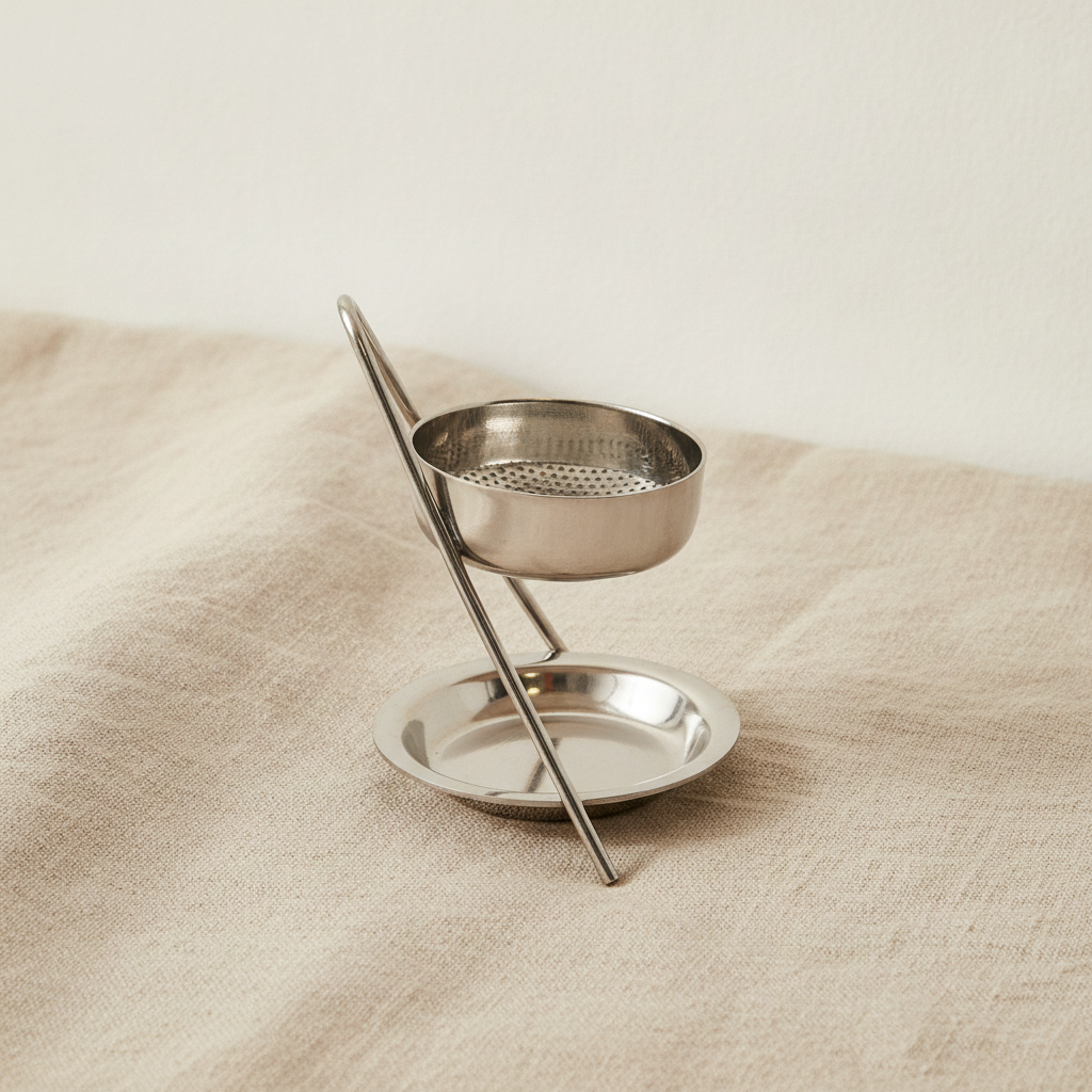 Plated brass incense warmer with mesh dish and tealight tray, on rumpled linen - view 3